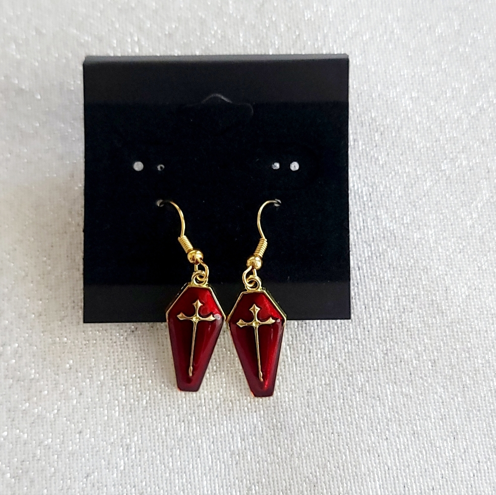 18K Gold Plated Coffin Red Enamel Dangle Earrings